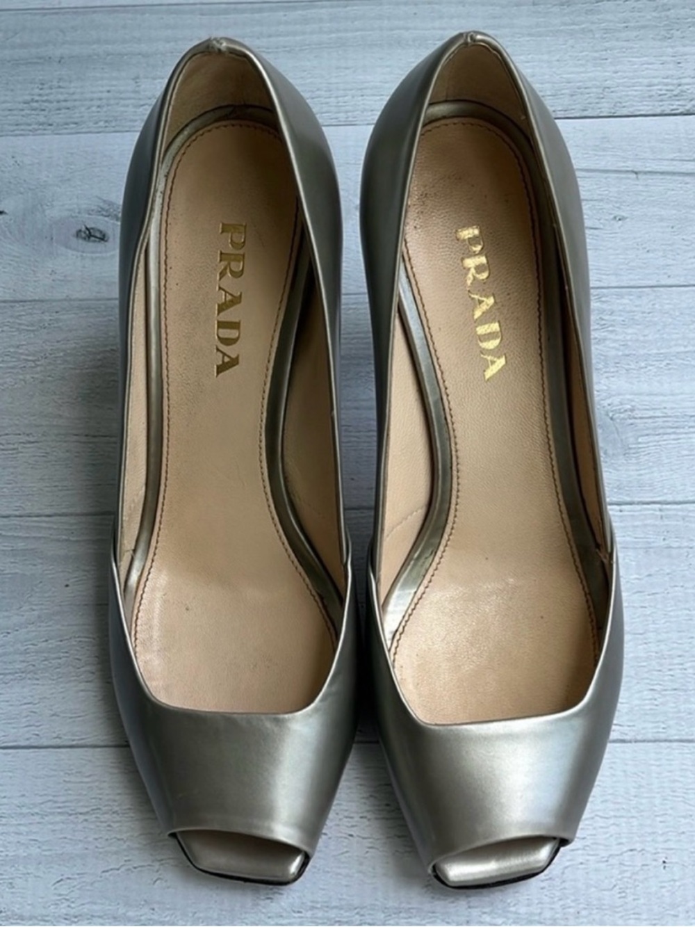 Prada Metallic Green Silver Leather Peep Toe Pumps Size 6